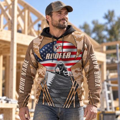Roofer hoodie featuring tan american flag roofer scene all-over print, worn by a model