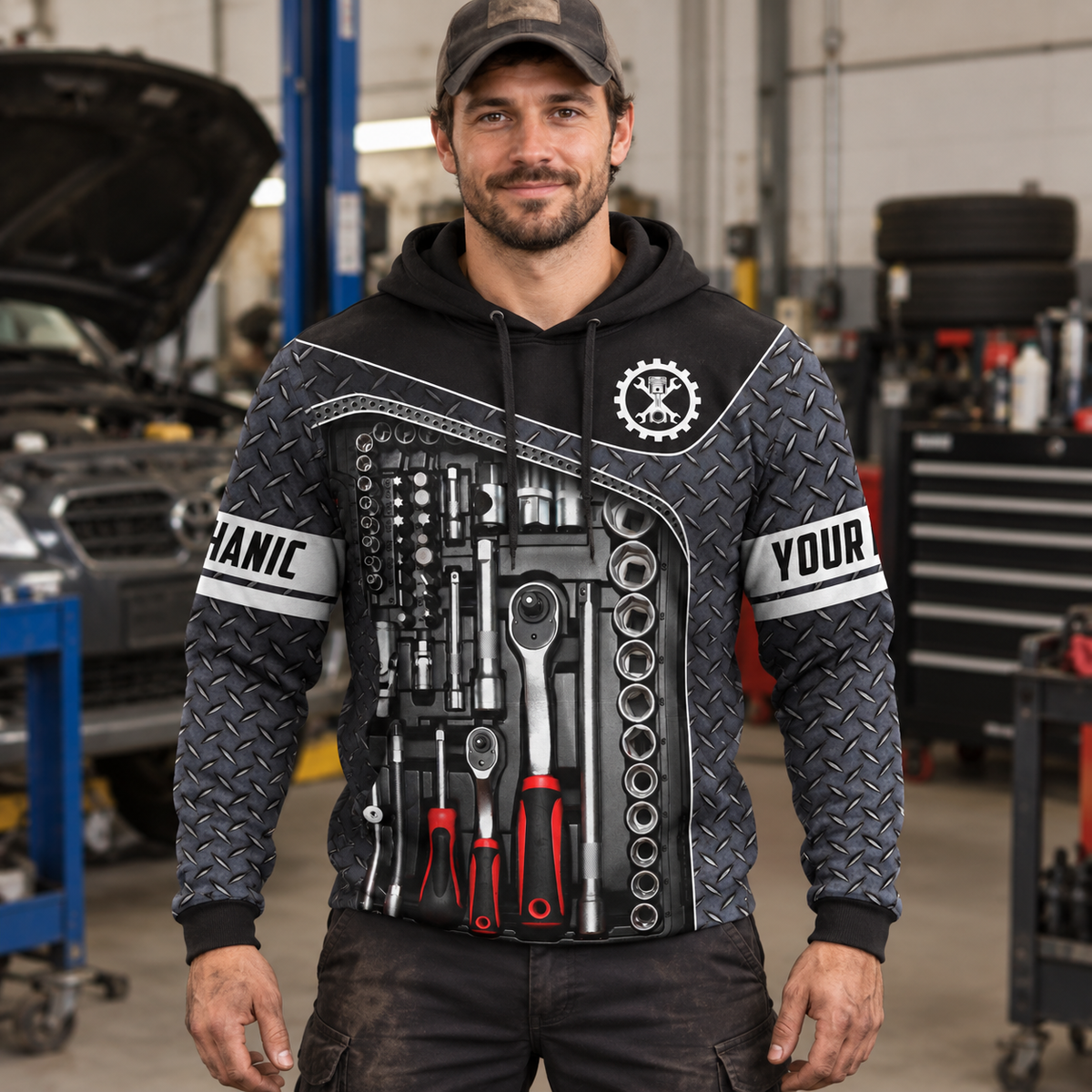 Personalized mechanic hoodie featuring diamond plate tool print all-over print, worn by a model