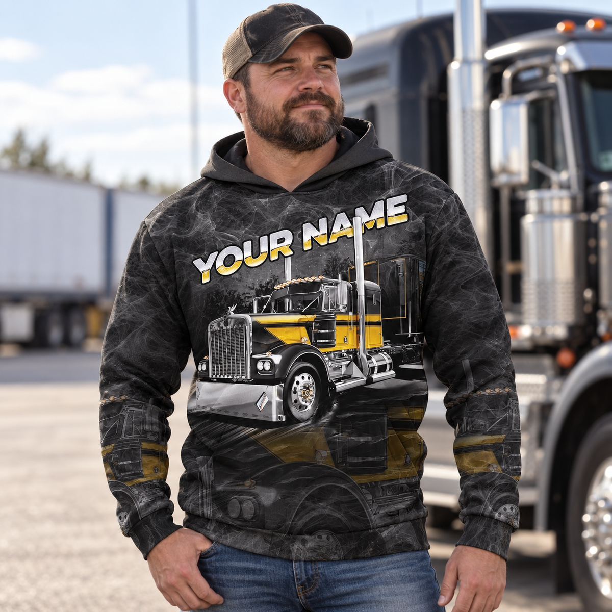 Personalized trucker hoodie featuring black grey semi truck illustration all-over print, worn by a model