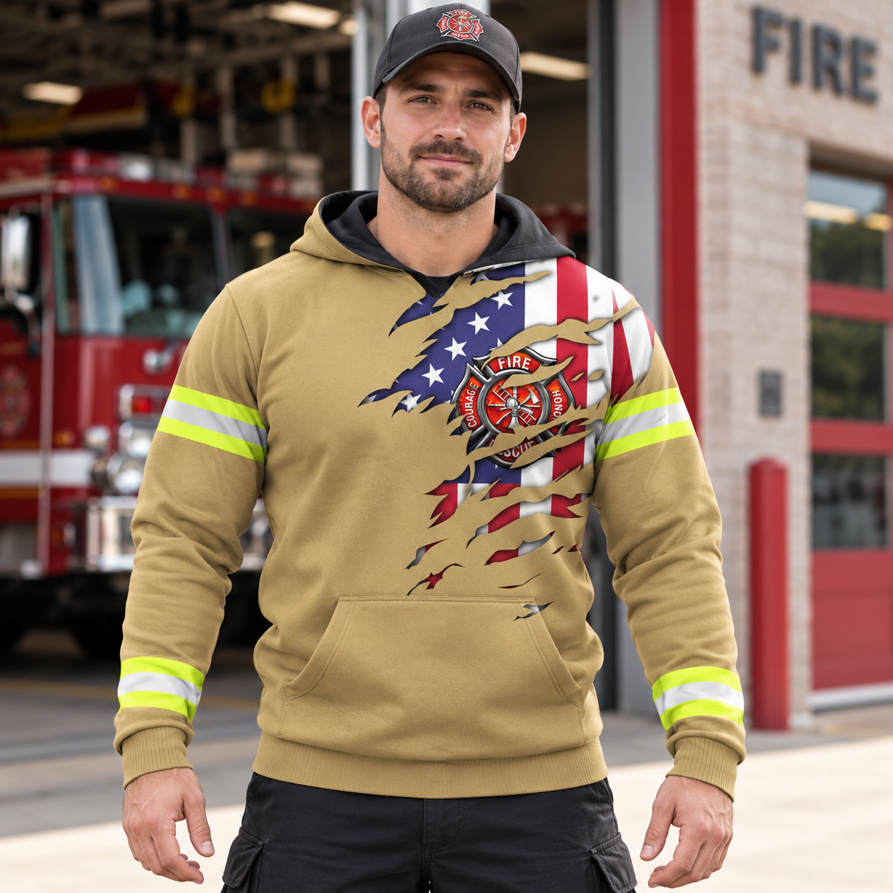 Personalized firefighter hoodie featuring tan american flag fire badge all-over print, worn by a model
