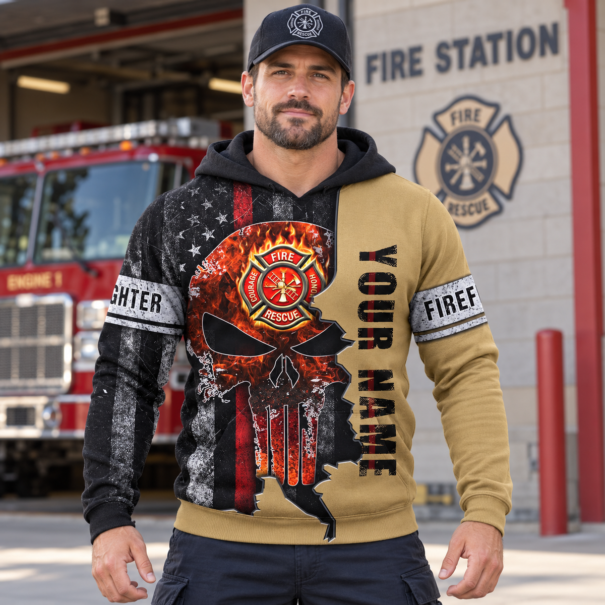 Personalized firefighter hoodie featuring flag skull fire badge print all-over print, worn by a model