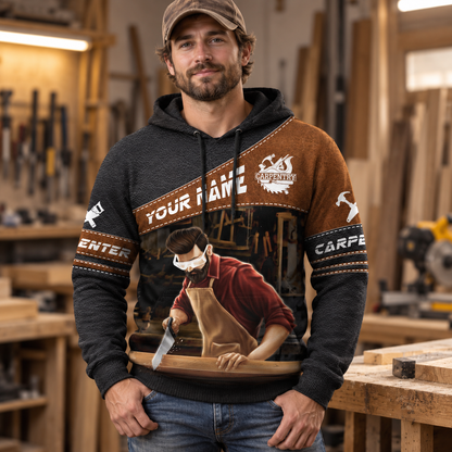 Personalized carpenter hoodie featuring brown diagonal band hand plane all-over print, worn by a model