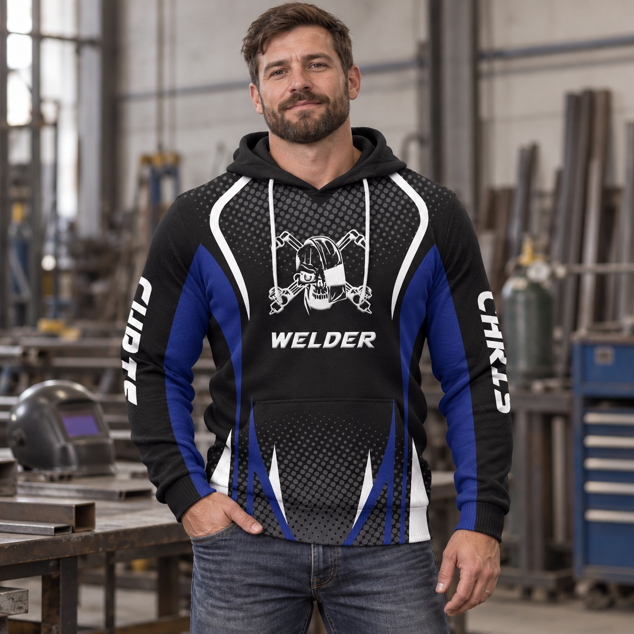 Personalized welder hoodie featuring black blue welding helmet badge all-over print, worn by a model