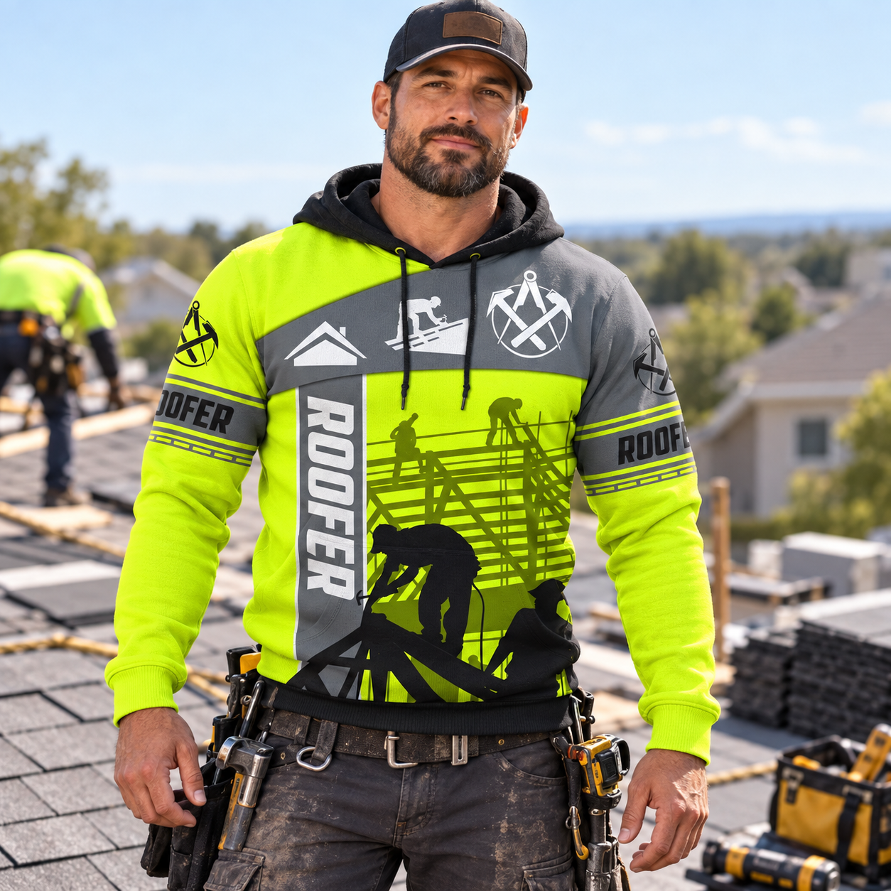 Personalized roofer hoodie featuring neon stripe print all-over print, worn by a model