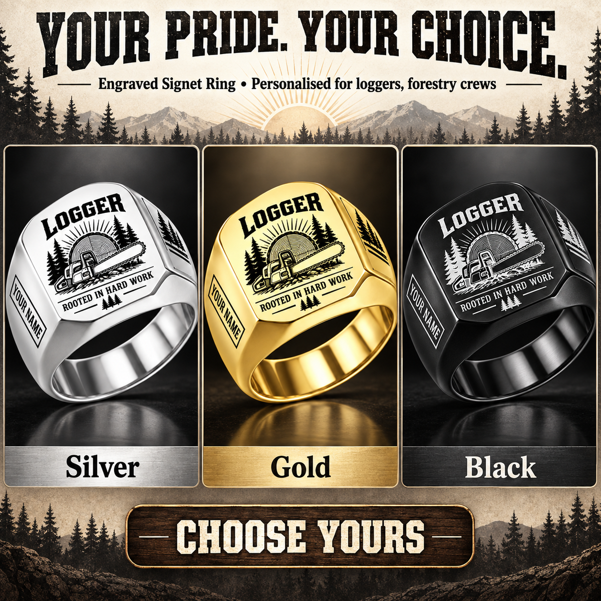 Personalized Logger Engraved Signet Ring - Sunburst Legacy - advertising image