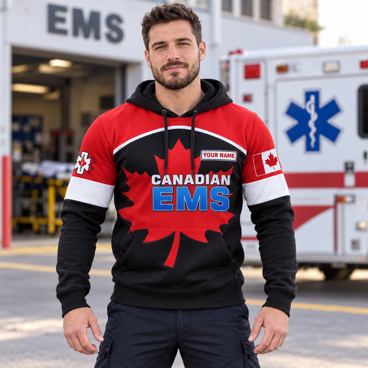 Personalized EMS paramedic hoodie featuring canadian ems maple leaf all-over print, worn by a model