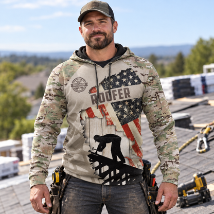 Roofer hoodie featuring american flag all-over print, worn by a model