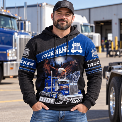 Personalized trucker hoodie featuring blue truck ride with pride all-over print, worn by a model