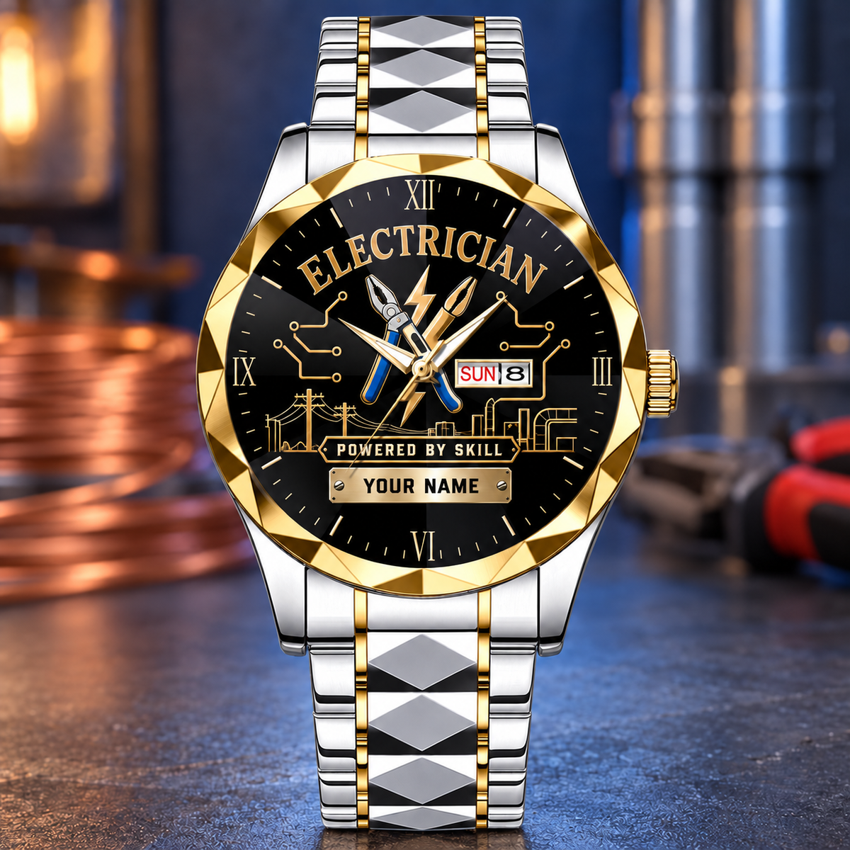 Personalized Electrician Crystal Metal Watch - Faceted Legacy - Silver Gold