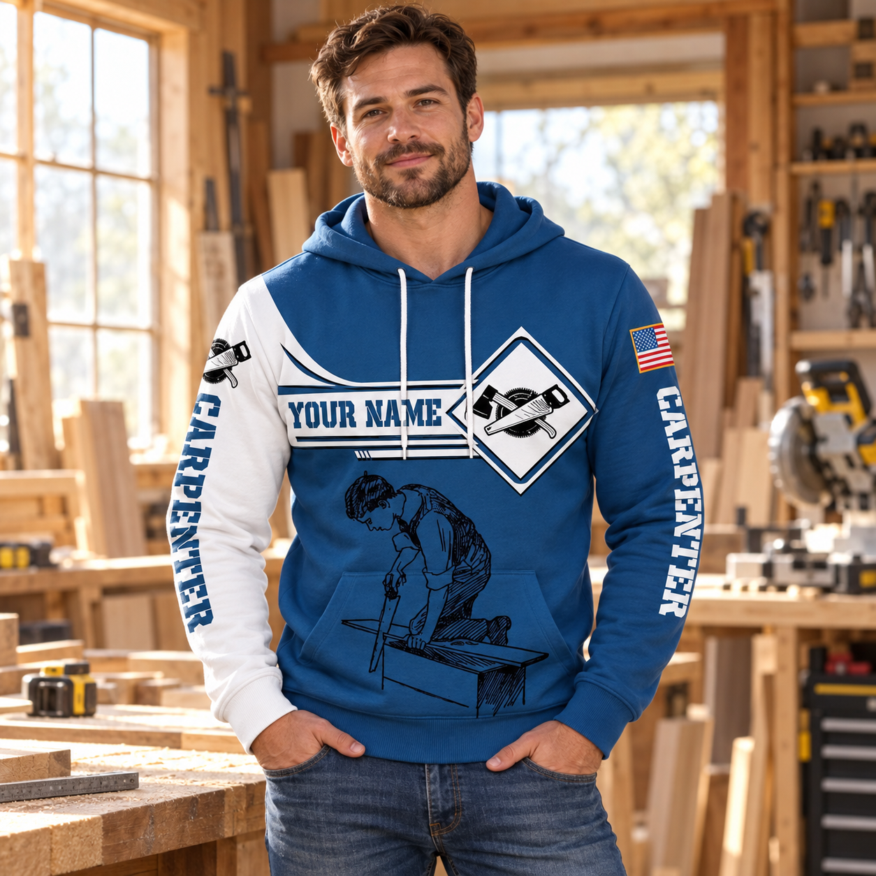 Personalized carpenter hoodie featuring blue white saw badge all-over print, worn by a model