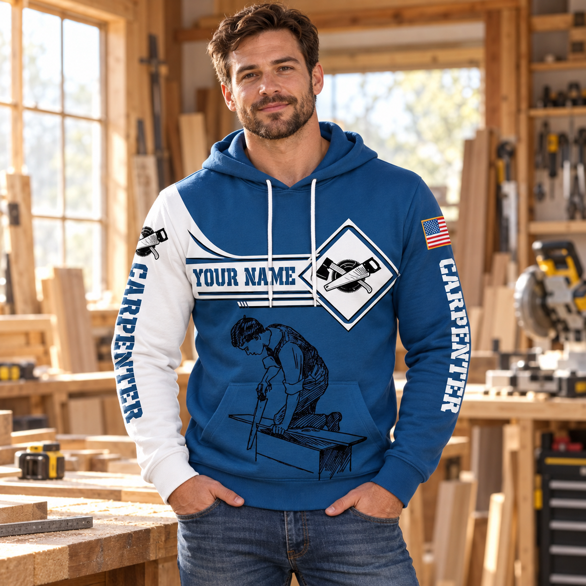 Personalized carpenter hoodie featuring blue white saw badge all-over print, worn by a model