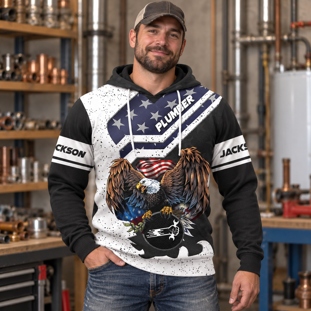 Personalized plumber hoodie featuring black white american eagle all-over print, worn by a model