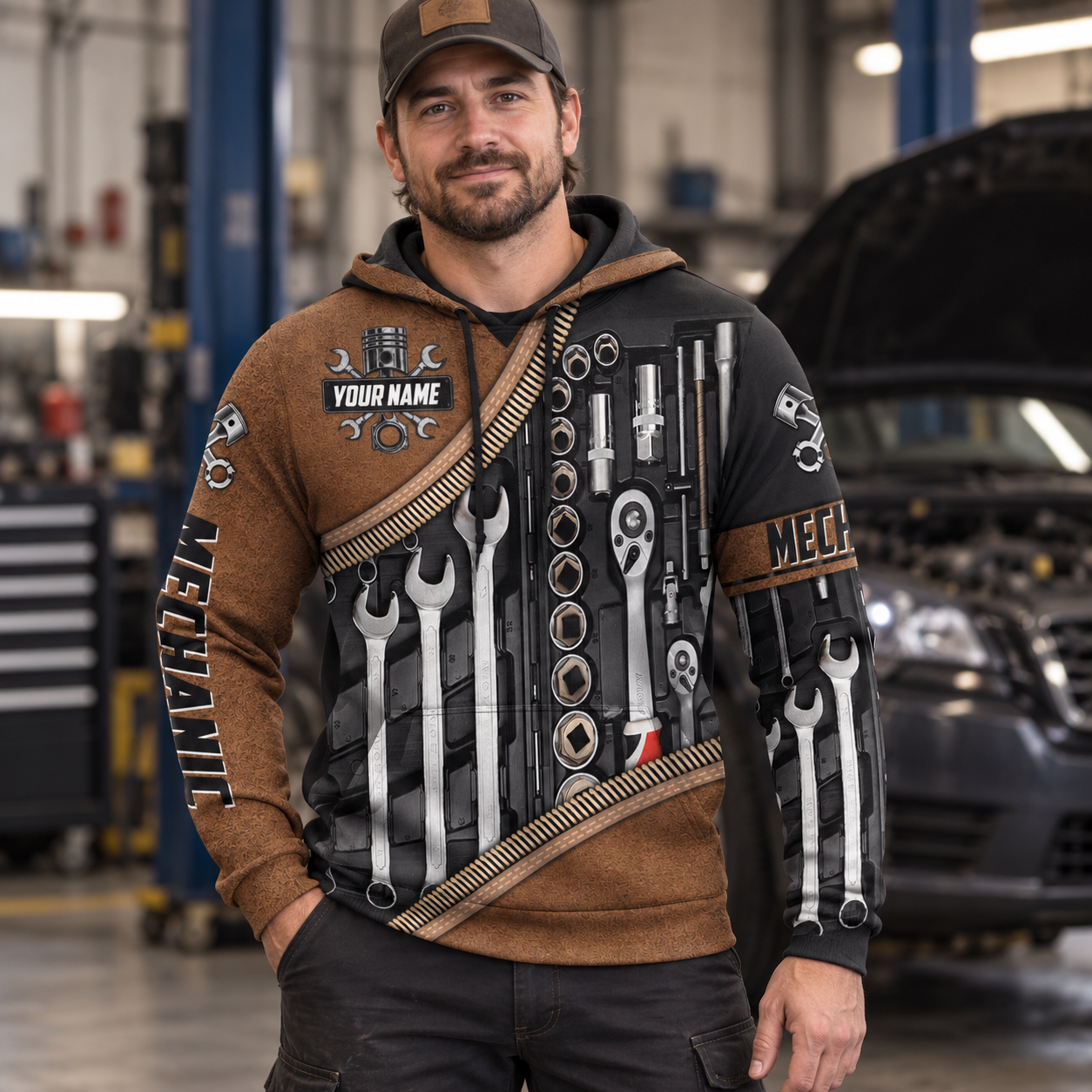 Personalized mechanic hoodie featuring brown tool roll wrench set all-over print, worn by a model
