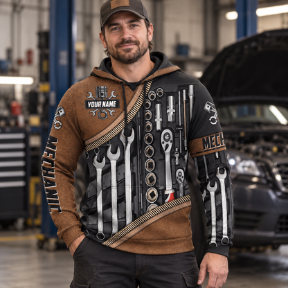 Personalized mechanic hoodie featuring brown tool roll wrench set all-over print, worn by a model