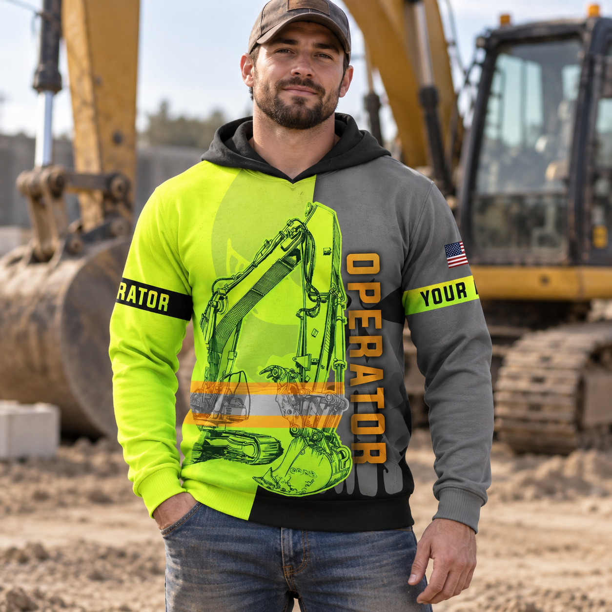 Personalized excavator operator hoodie featuring yellow grey diagonal excavator all-over print, worn by a model