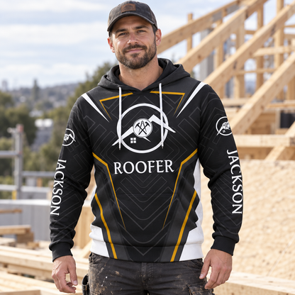 Roofer hoodie featuring black white gold tool badge all-over print, worn by a model
