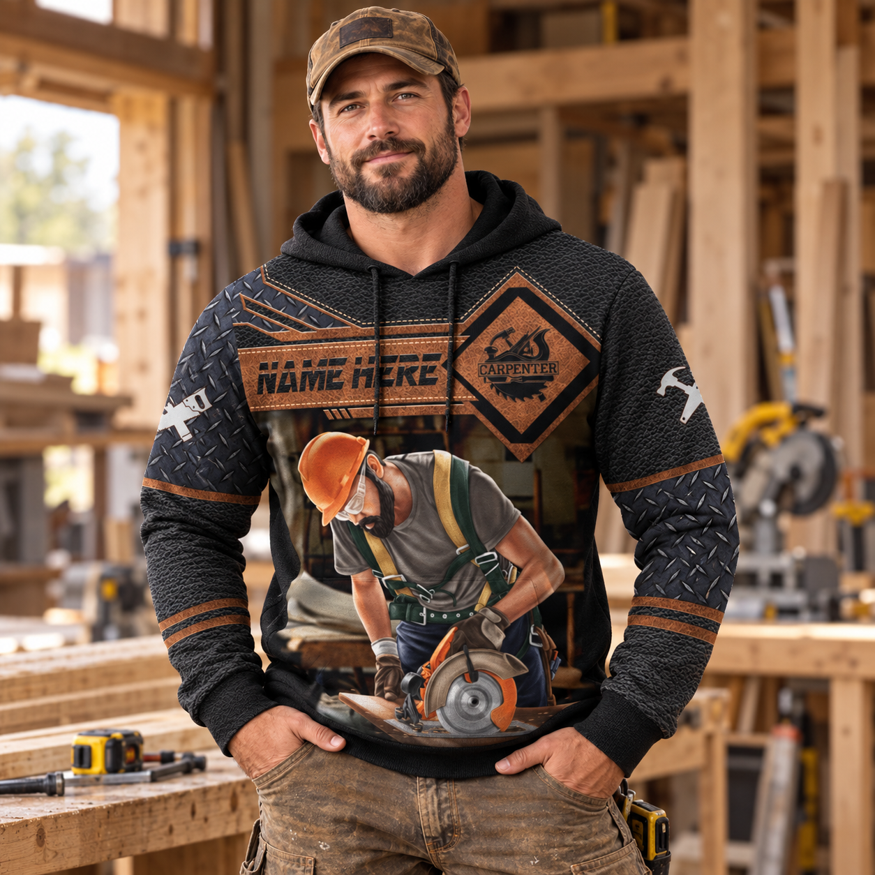 Personalized carpenter hoodie featuring dark leather tools all-over print, worn by a model