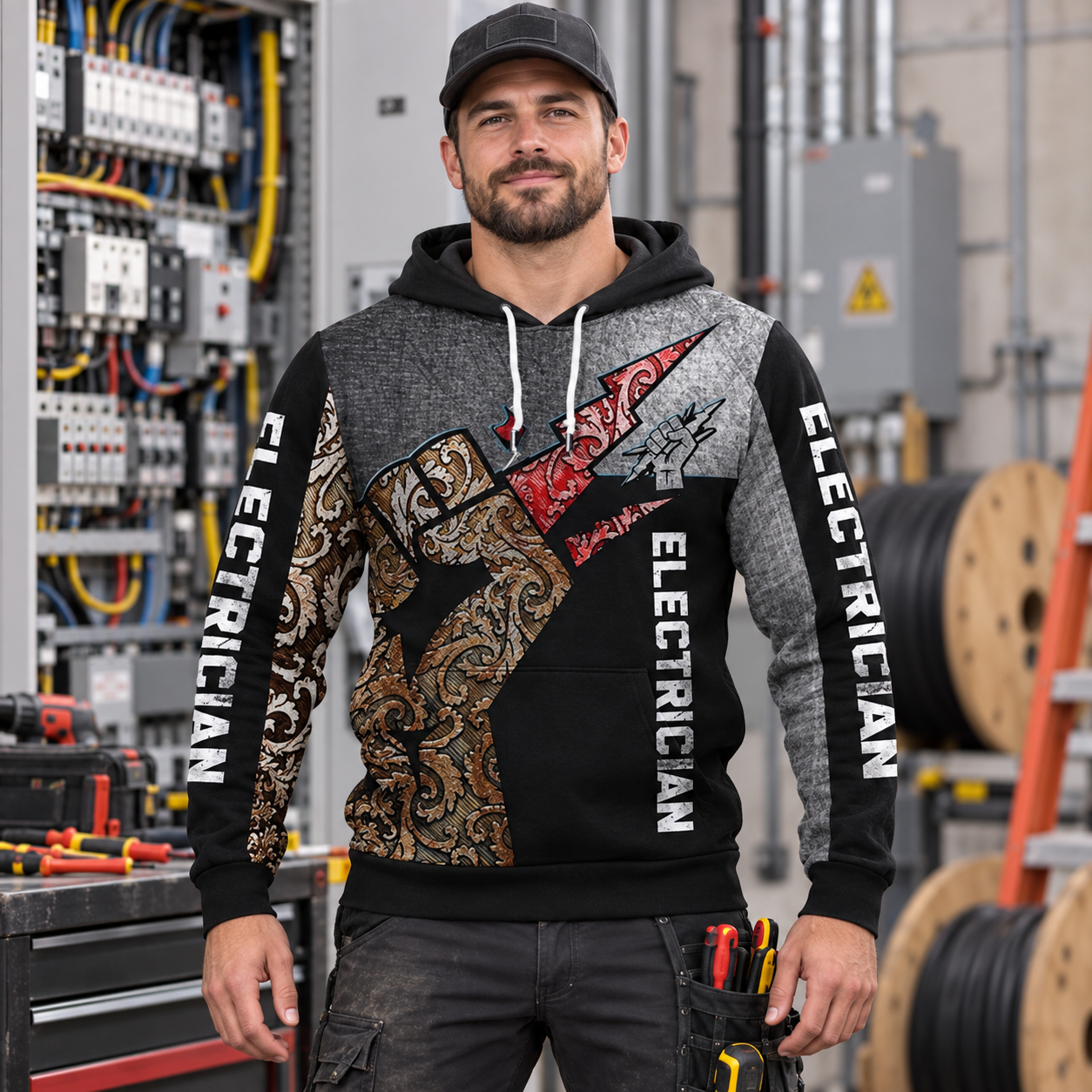 Personalized electrician hoodie featuring black white torn panel lineman all-over print, worn by a model