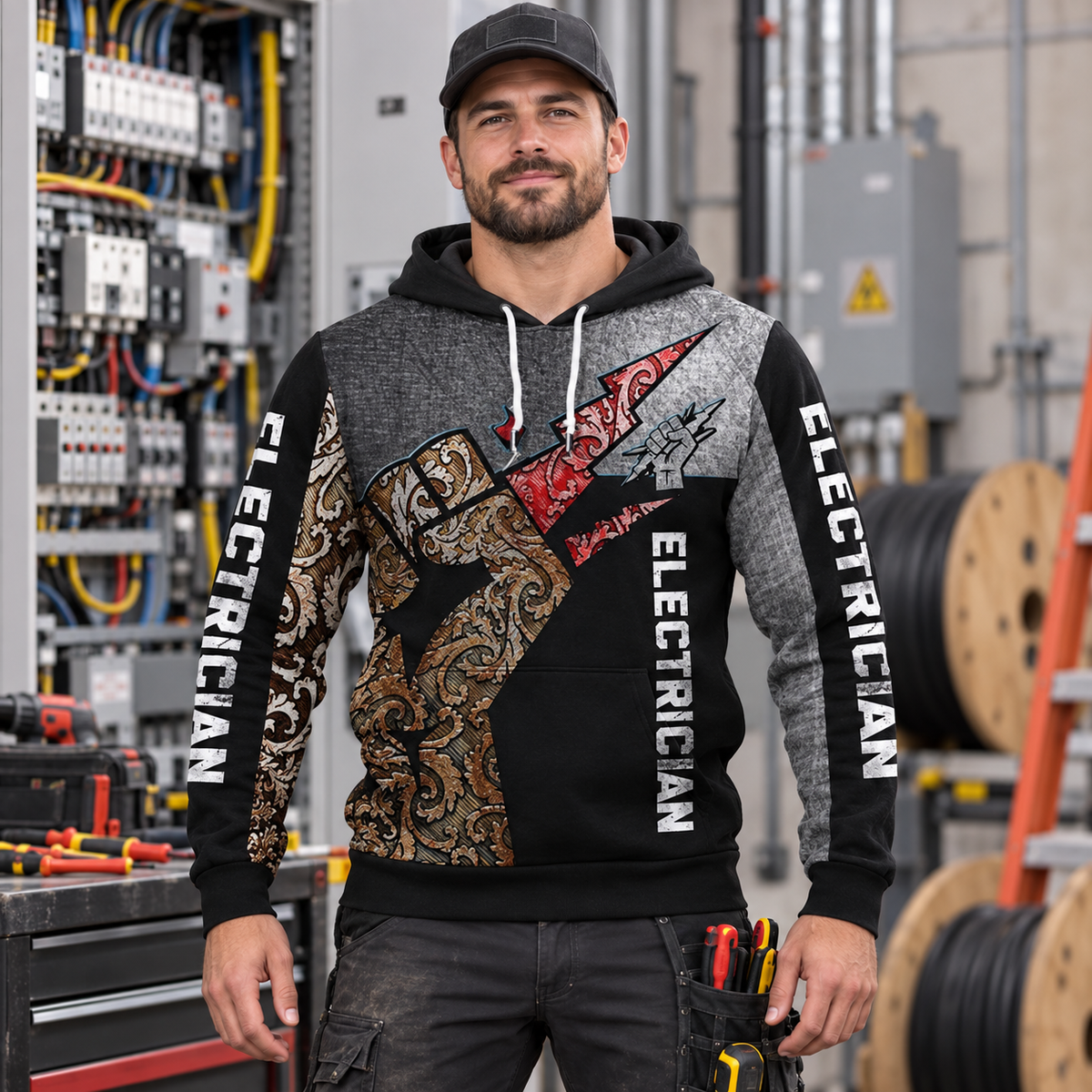 Personalized electrician hoodie featuring black white torn panel lineman all-over print, worn by a model