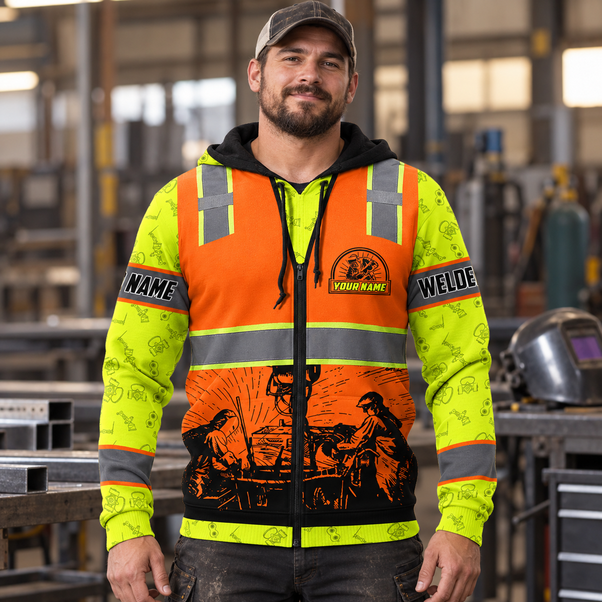 Personalized welder hoodie featuring orange vest print welding scene all-over print, worn by a model