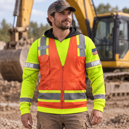 Personalized excavator operator hoodie featuring orange vest print yellow sleeves all-over print, worn by a model