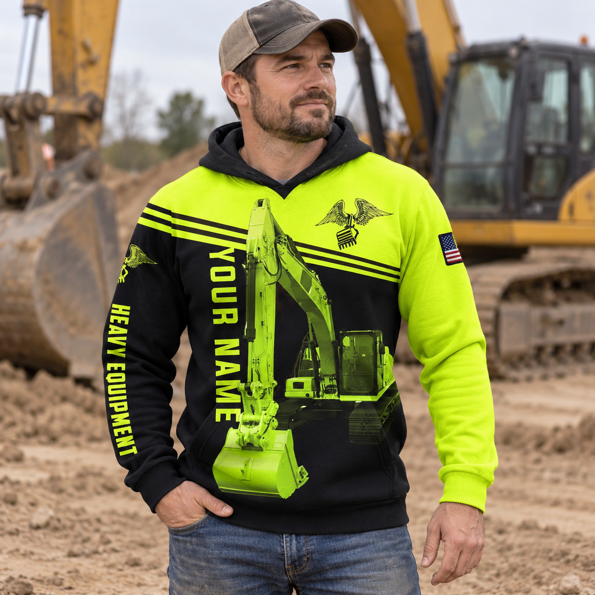 Personalized heavy equipment hoodie featuring neon yellow black excavator bucket all-over print, worn by a model
