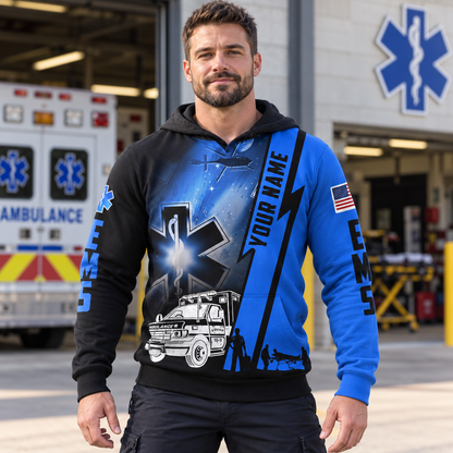 Personalized EMS paramedic hoodie featuring blue ems ambulance print all-over print, worn by a model