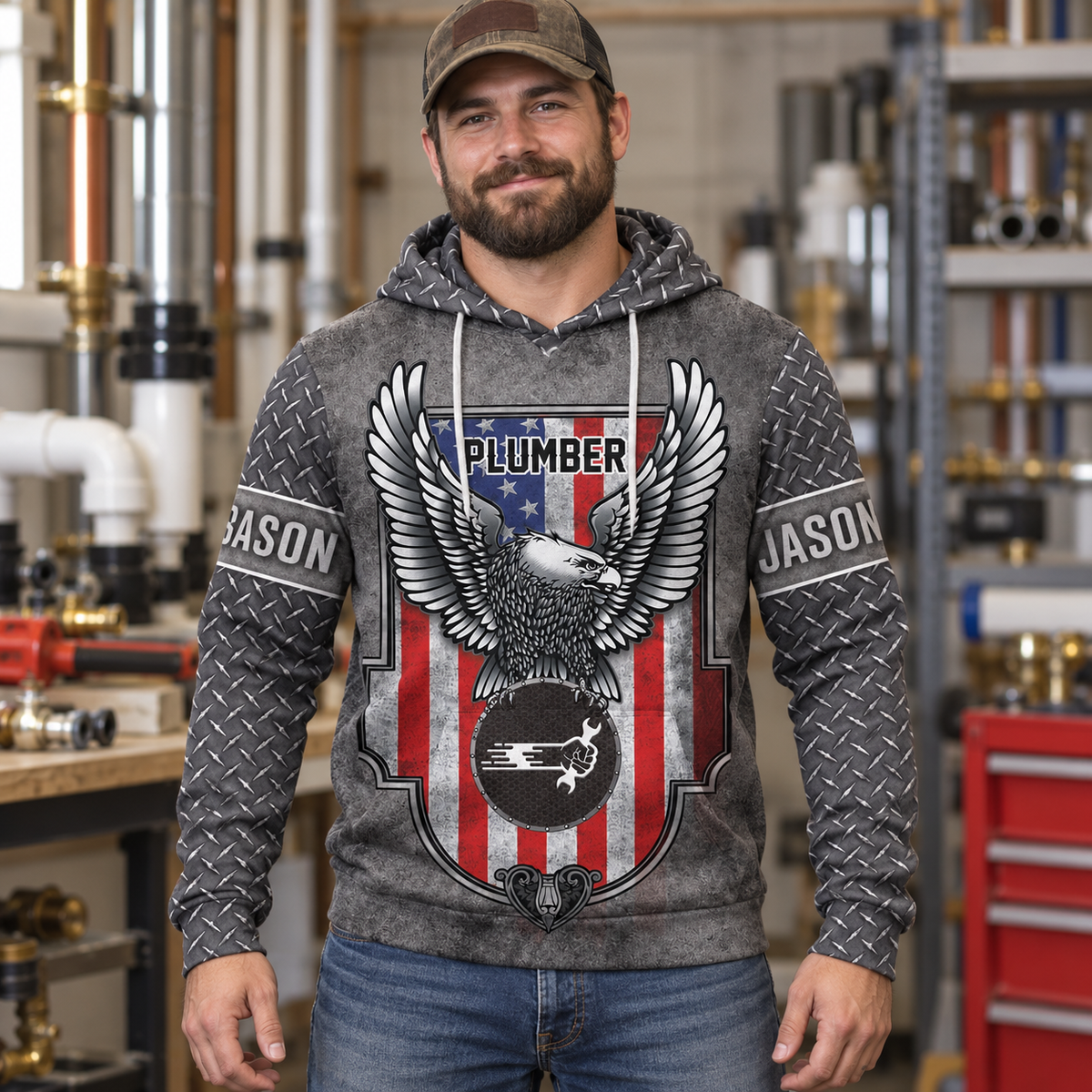 Personalized plumber hoodie featuring grey american eagle shield all-over print, worn by a model