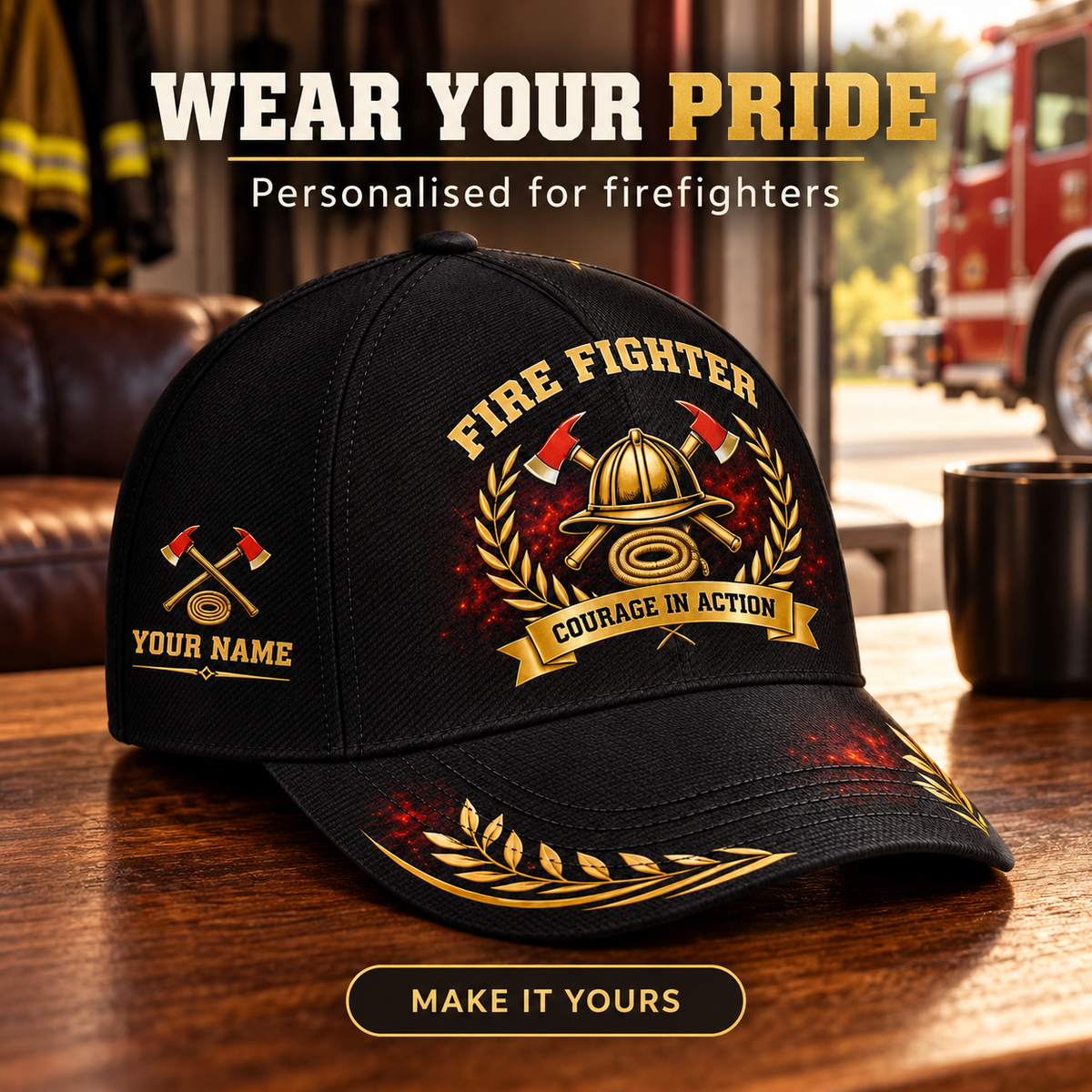 Personalized Fire Fighter Baseball Cap - Black Gold Legacy - advertising image