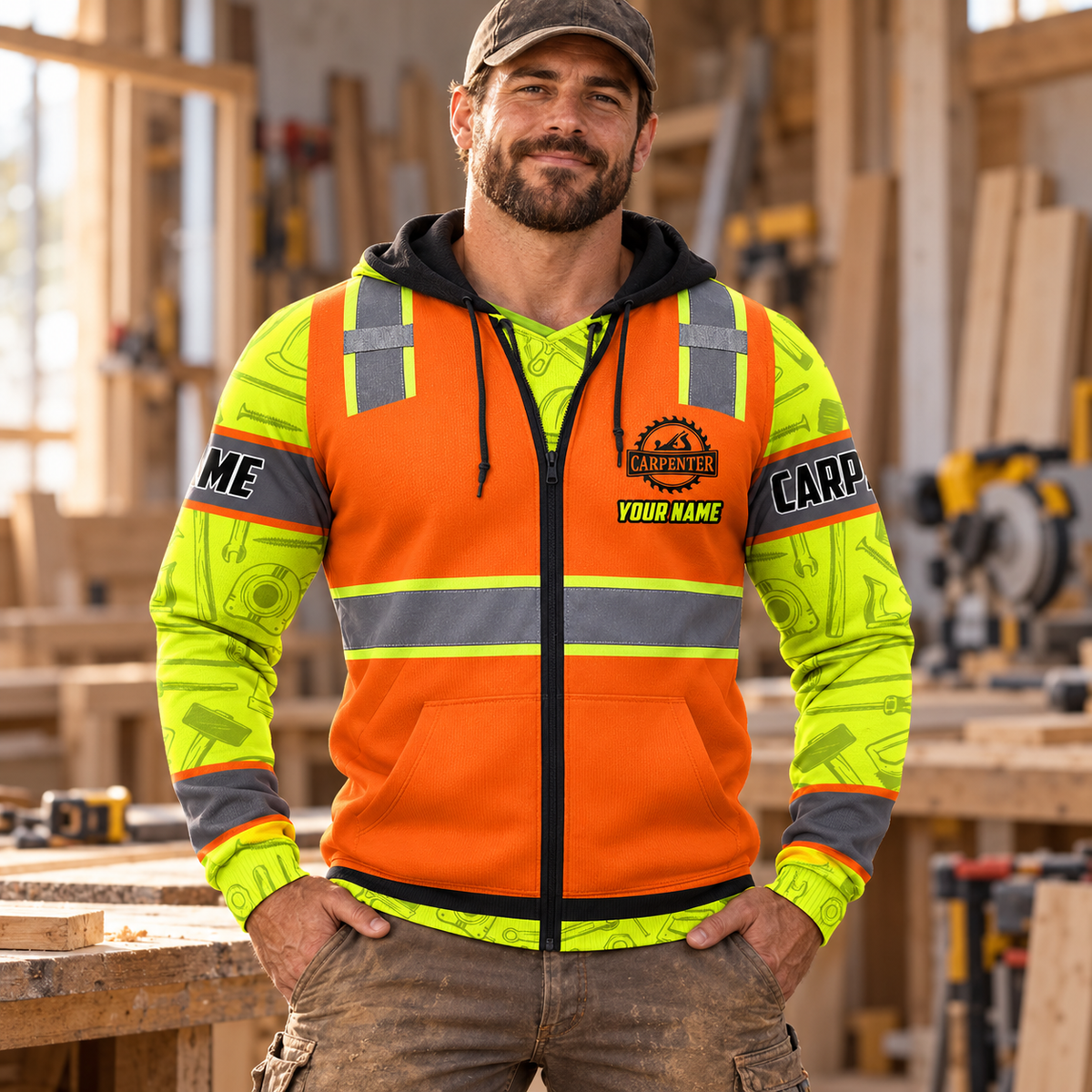 Personalized carpenter hoodie featuring orange zip vest print and yellow sleeves all-over print, worn by a model