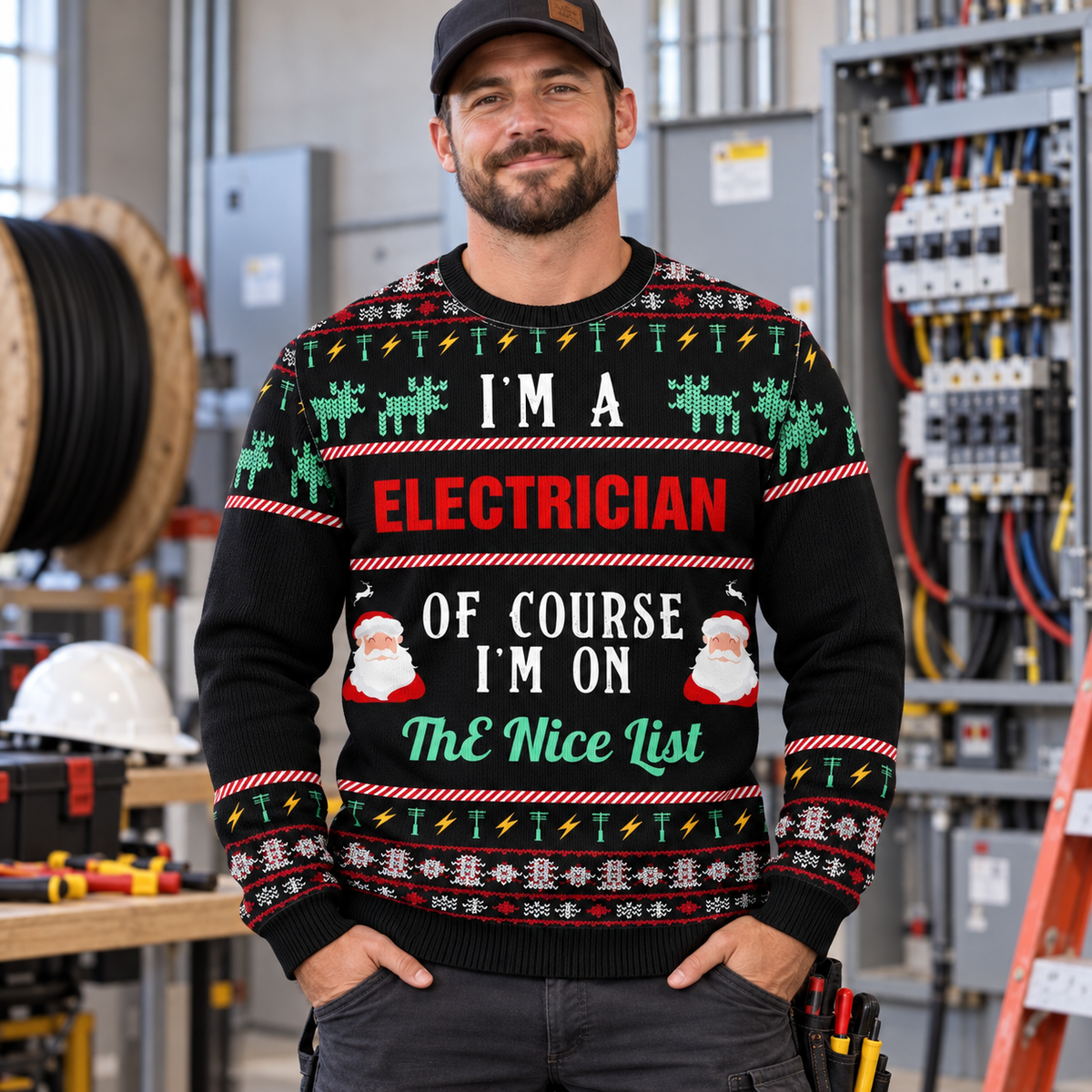 Electrician christmas sweater featuring I Am an Electrician Christmas Pattern all-over print, worn by a model