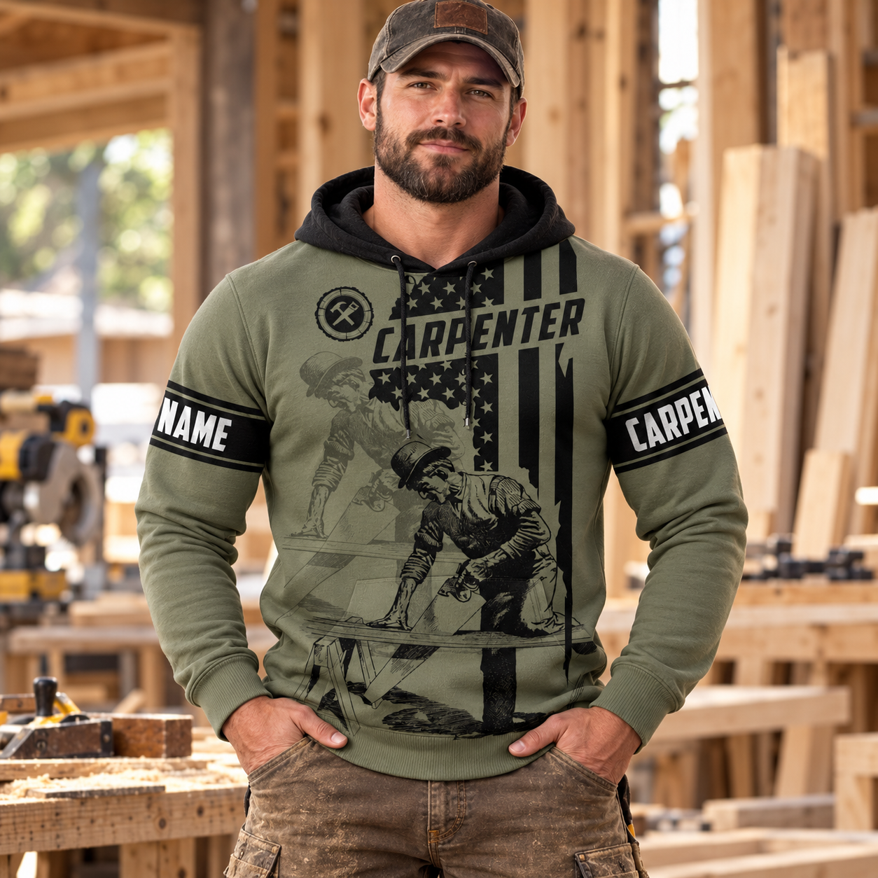 Personalized carpenter hoodie featuring vintage olive trade all-over print, worn by a model