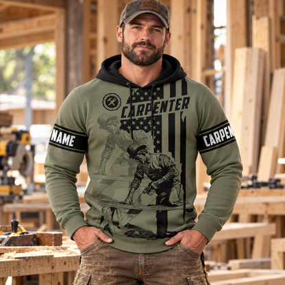 Personalized carpenter hoodie featuring vintage olive trade all-over print, worn by a model