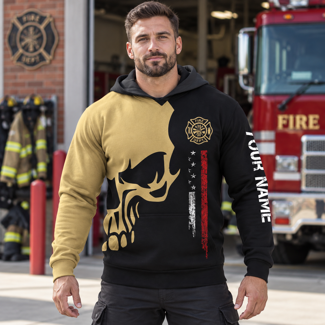 Personalized firefighter hoodie featuring tan and black skull flag all-over print, worn by a model