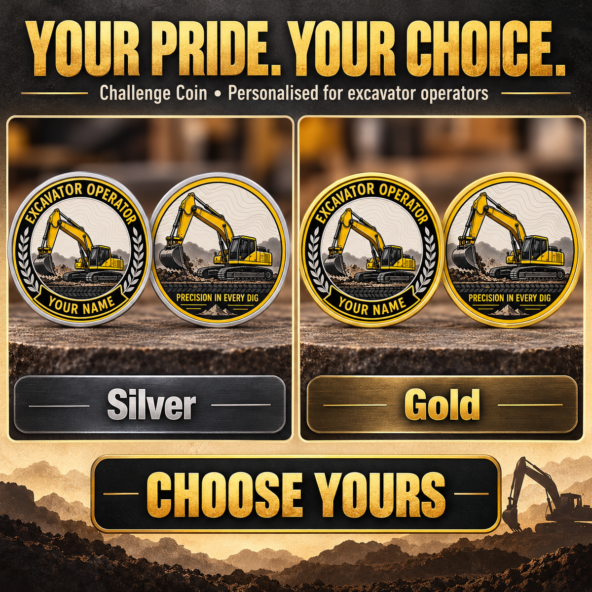 Personalized Excavator Operator Challenge Coin - Legacy Laurel - advertising image