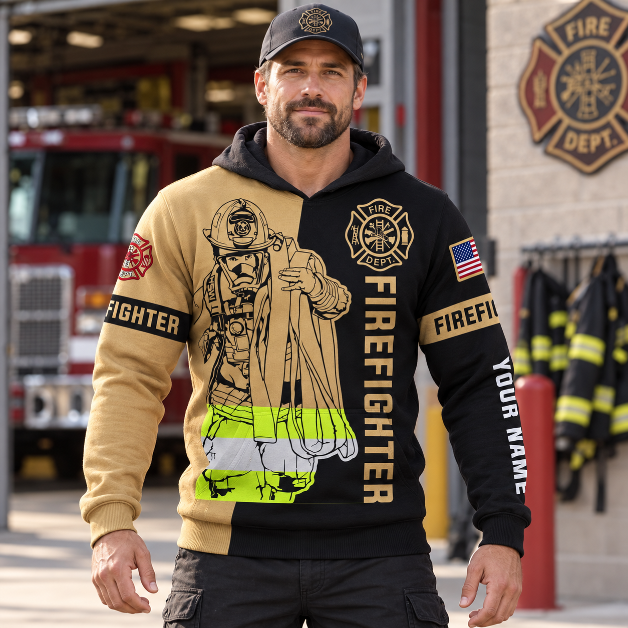 Personalized firefighter hoodie featuring firefighter rope illustration all-over print, worn by a model