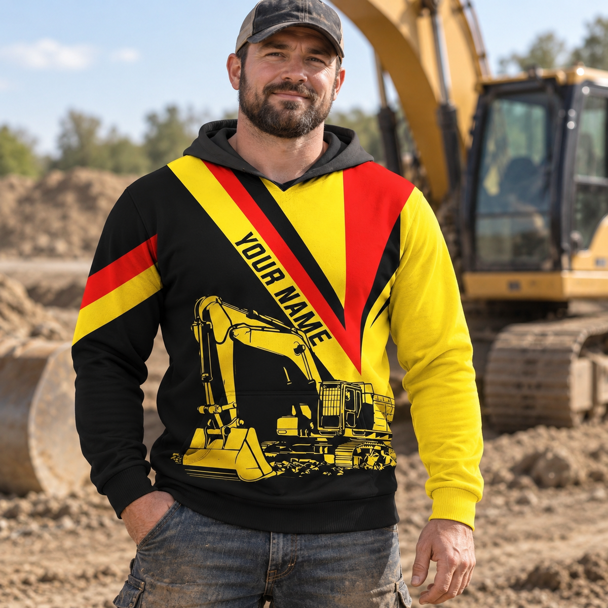 Personalized excavator operator hoodie featuring yellow red black excavator all-over print, worn by a model