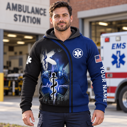 Personalized EMS paramedic hoodie featuring blue star of life cityscape all-over print, worn by a model