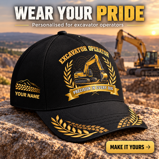 Personalized Excavator Operator Baseball Cap - Black Gold Legacy - advertising image