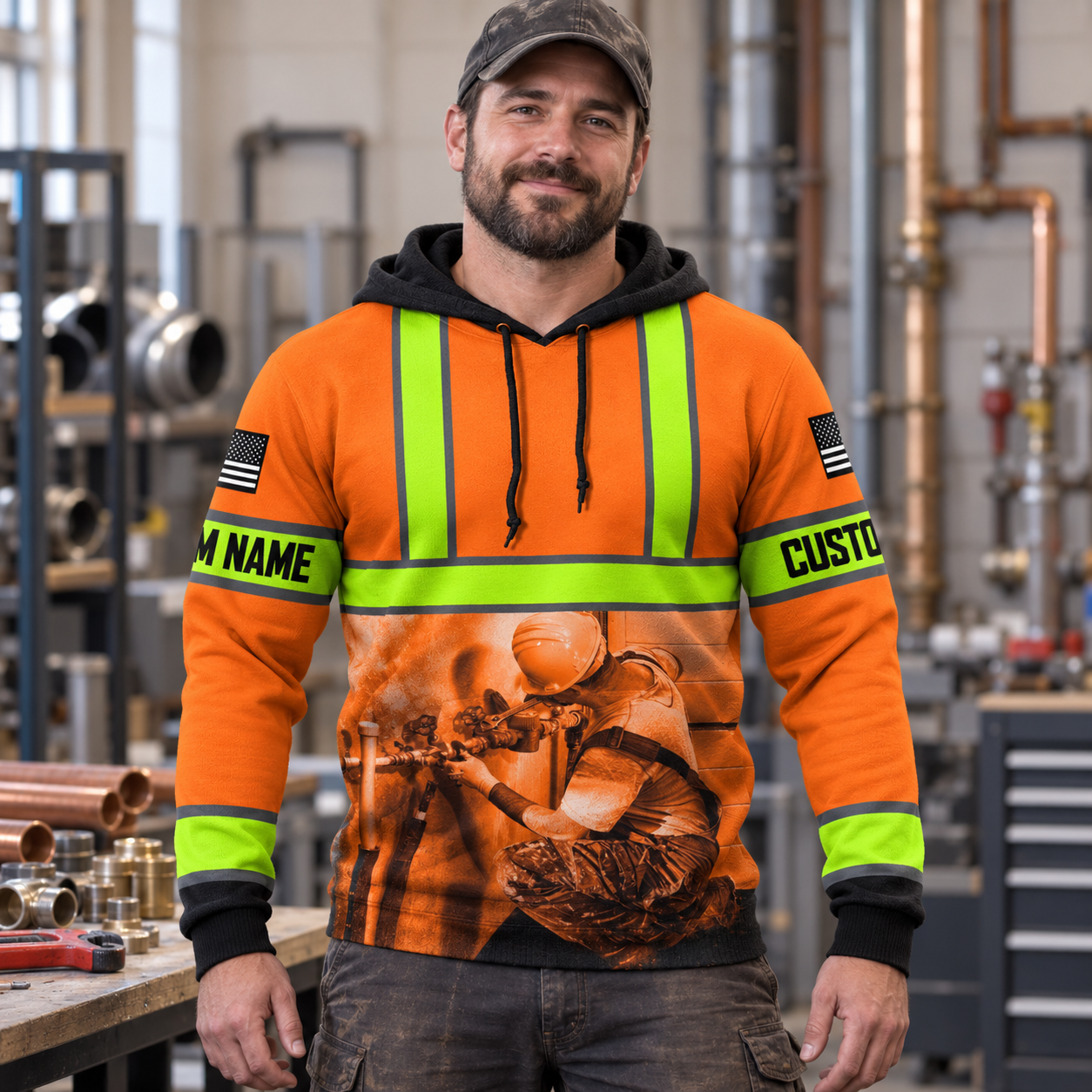 Personalized plumber hoodie featuring orange stripe print plumber illustration all-over print, worn by a model