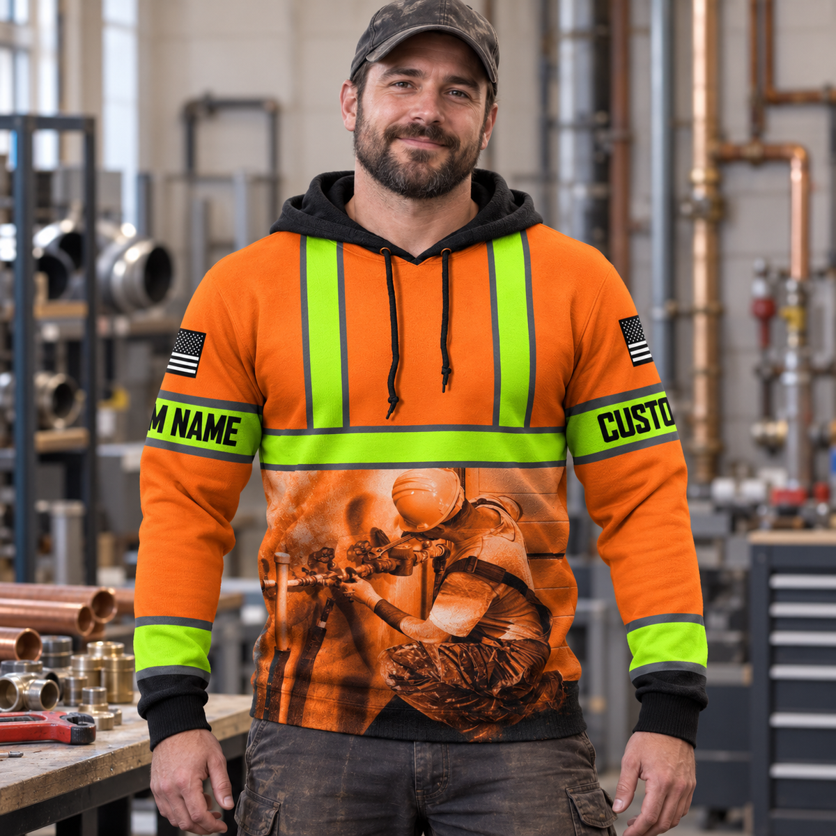 Personalized plumber hoodie featuring orange stripe print plumber illustration all-over print, worn by a model