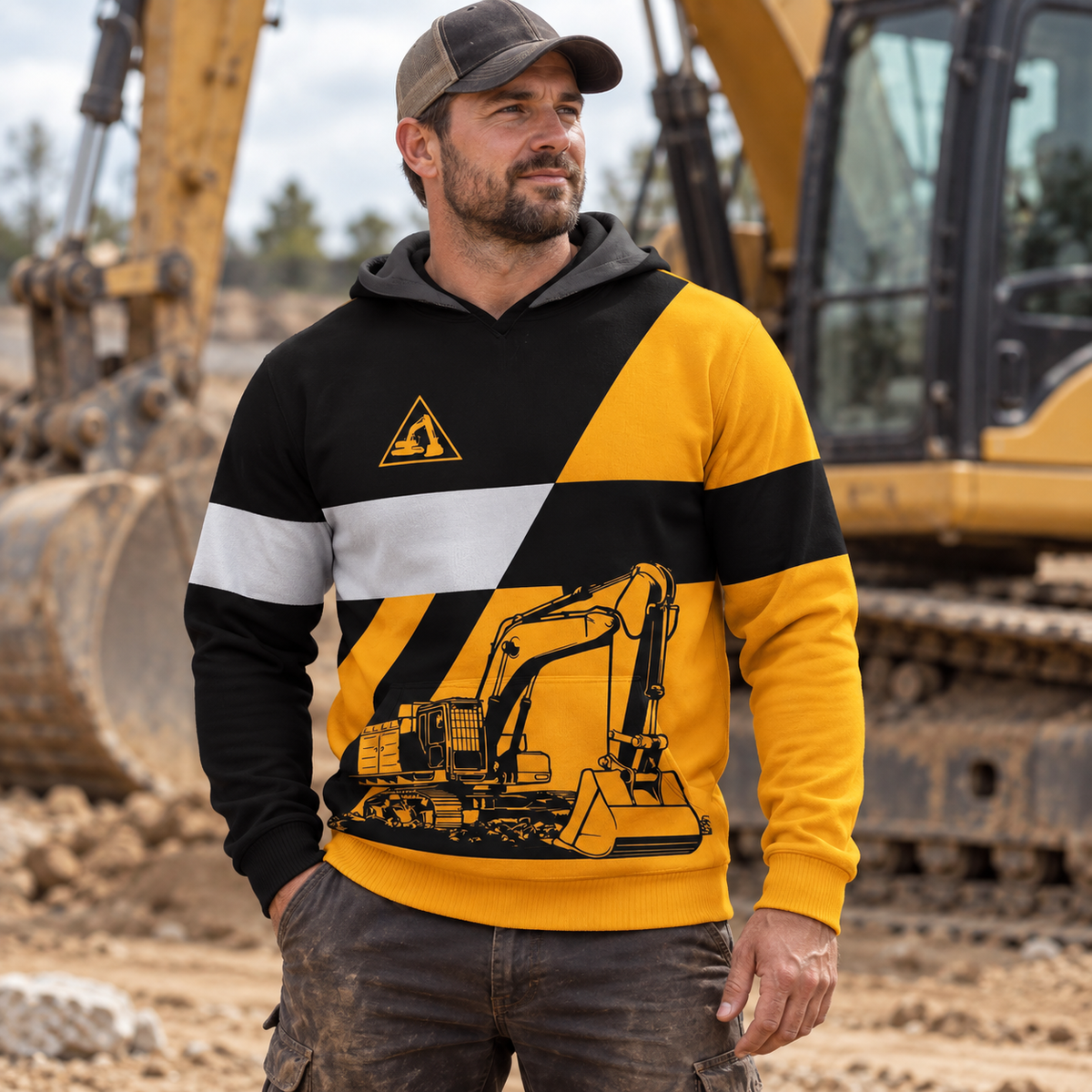 Personalized excavator operator hoodie featuring orange black white excavator stripes all-over print, worn by a model