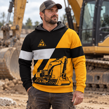 Personalized excavator operator hoodie featuring orange black white excavator stripes all-over print, worn by a model