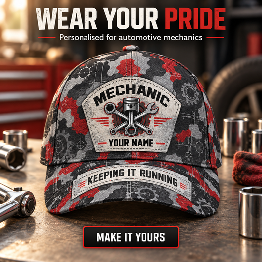 Personalized Mechanic Camo Baseball Cap - Patchwork Pride - advertising image