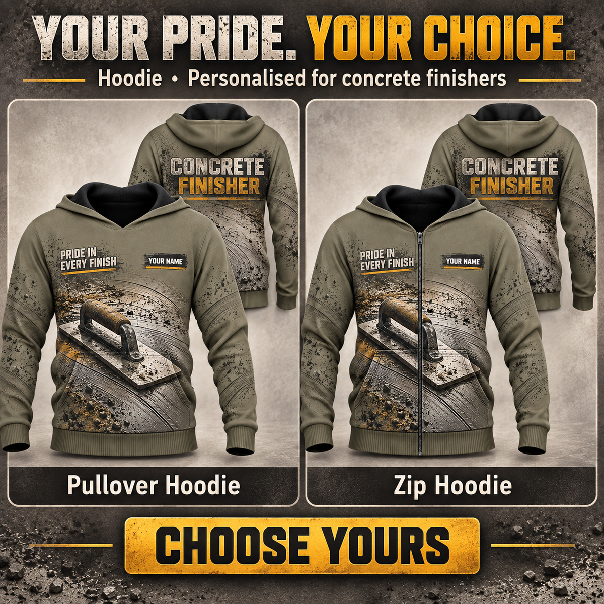 Personalized Concrete Finisher Hoodie - Crew Silhouette - advertising image