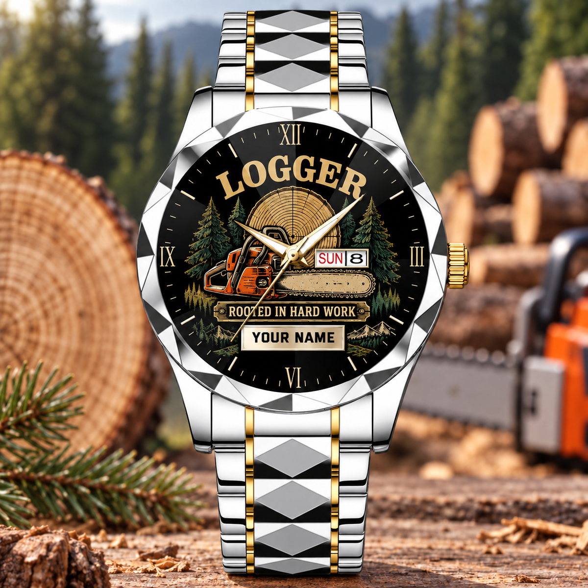 Personalized Logger Crystal Metal Watch - Faceted Legacy - Silver Gold Chain
