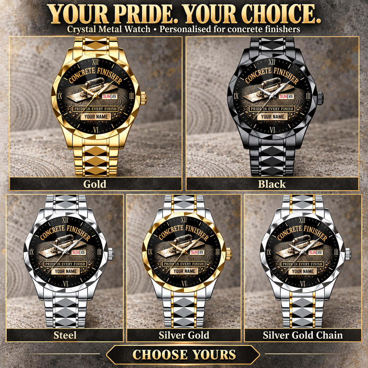 Personalized Concrete Finisher Crystal Metal Watch - Faceted Legacy - advertising image