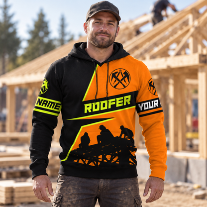 Roofer hoodie featuring orange black roof frame silhouette all-over print, worn by a model