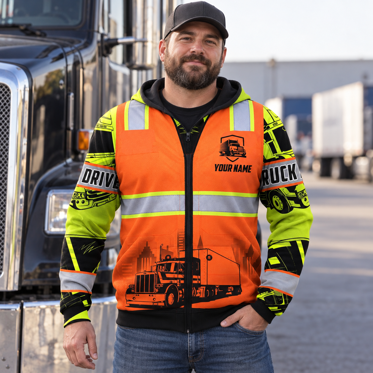 Personalized trucker hoodie featuring orange vest print logging truck all-over print, worn by a model