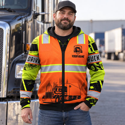 Personalized trucker hoodie featuring orange vest print logging truck all-over print, worn by a model